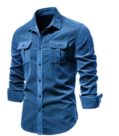 Men Dress Shirt College Tops de manga longa azul