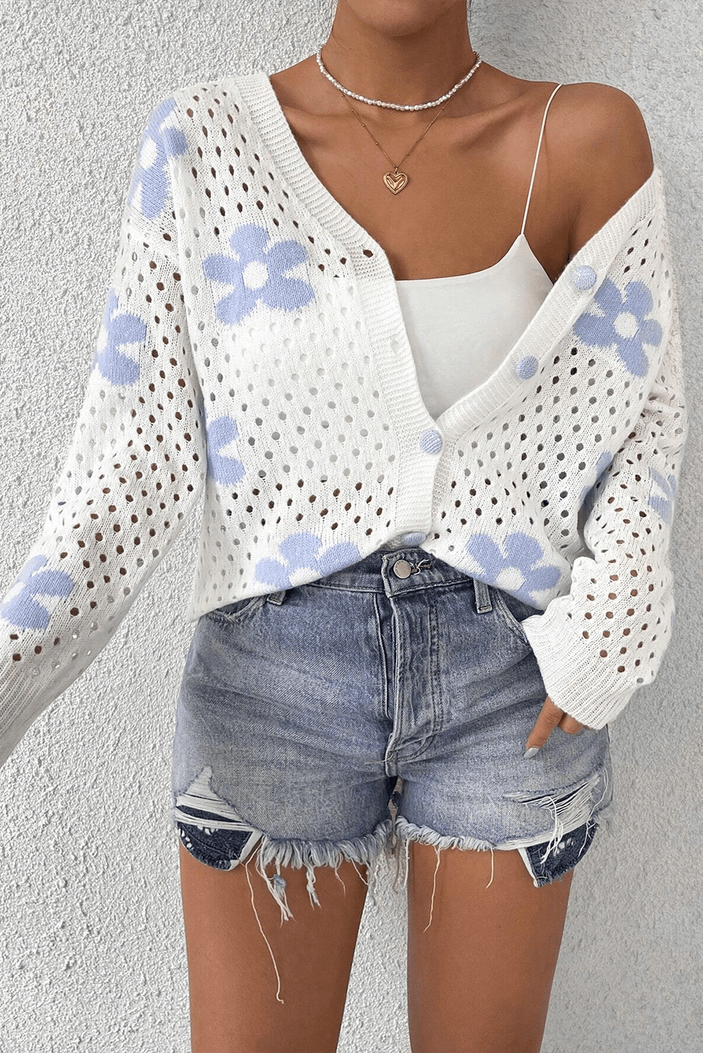 White Flower Knit Hollow Out Open Kort Cardigan