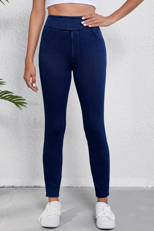 Blaue, einfarbige, dehnbare Slim-Fit-Jeggings von Ashleigh mit hoher Taille