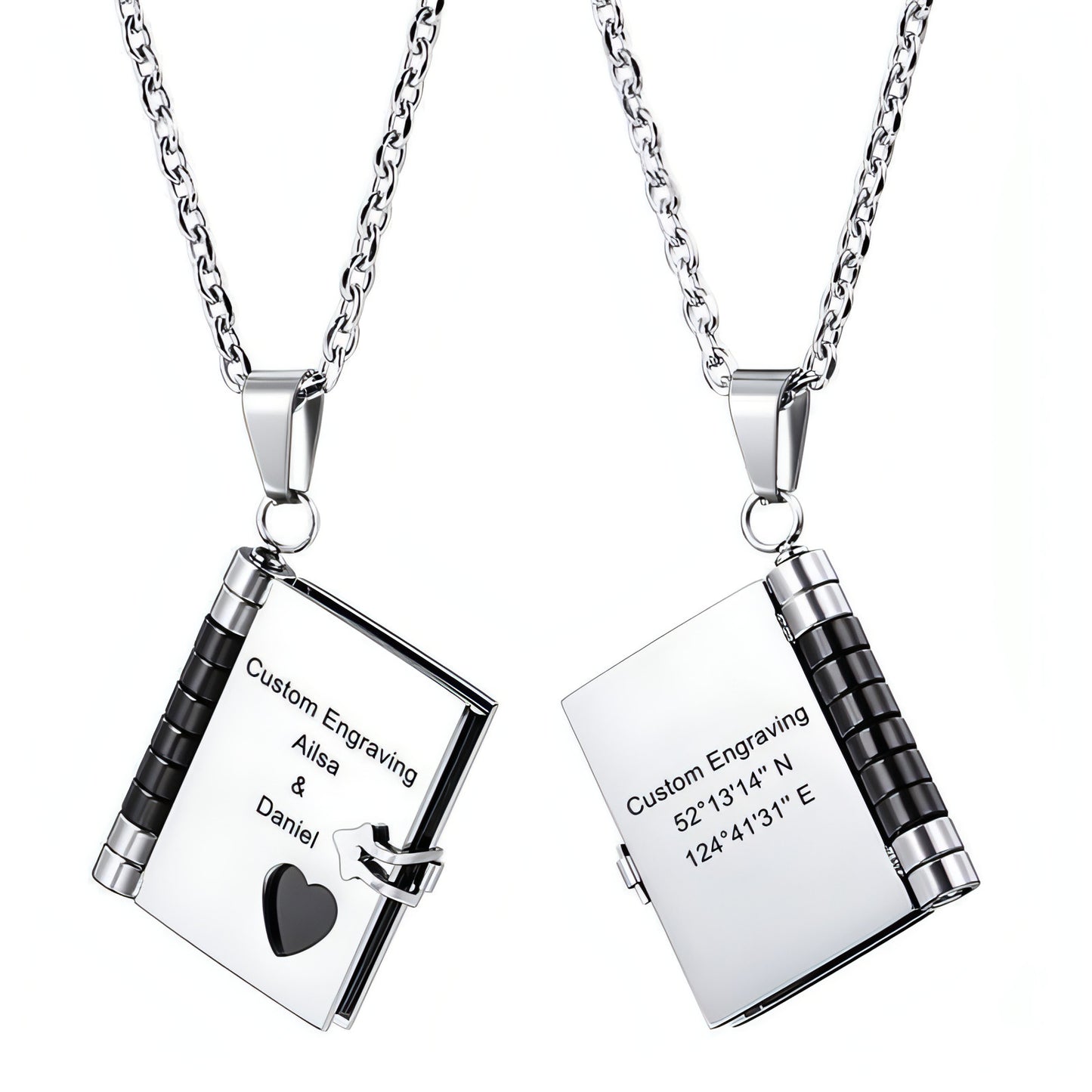 Stainless Steel Couple Book Pendant Necklace With Love