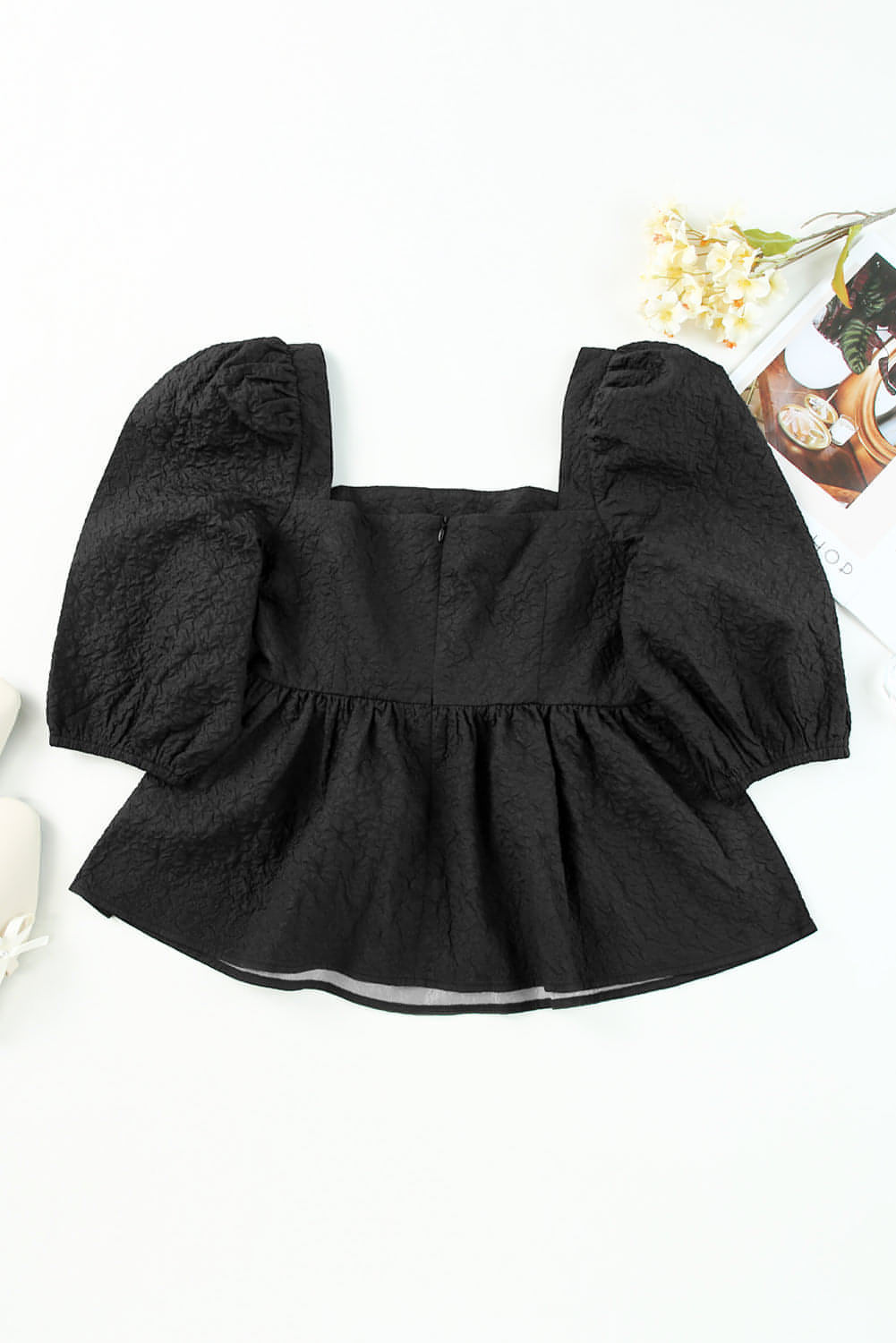 Black Textured Square Neck Puff Sleeve Peplum Blouse