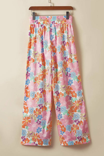 Pink Floral Smocked Waist Loose Pants