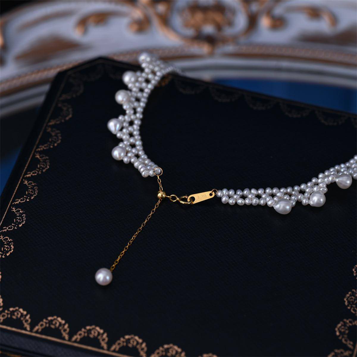 Vintage Pearl Choker with Gold Lace Accents