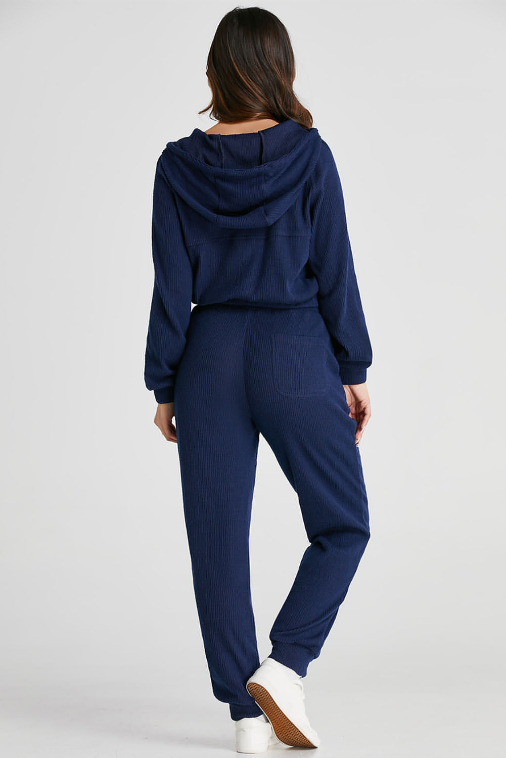 Marineblauwe geribbelde gebreide cropped hoodie en joggingbroek met trekkoord