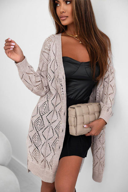 Khaki Hollow-Out Openwork Knit Cardigan