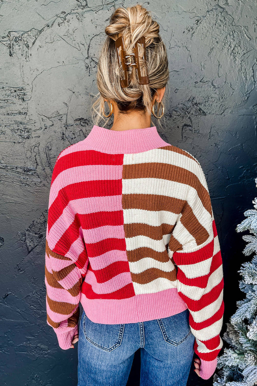 Rosa Stripe Color Block Høyhals Drop Shoulder Løs genser