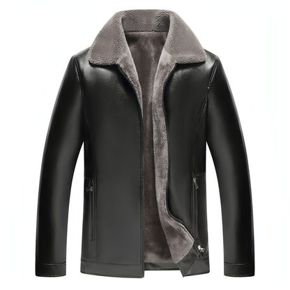 Men's Fashion Casual Polo Collar Fleece-lined Thickened Leather Jacket Coat