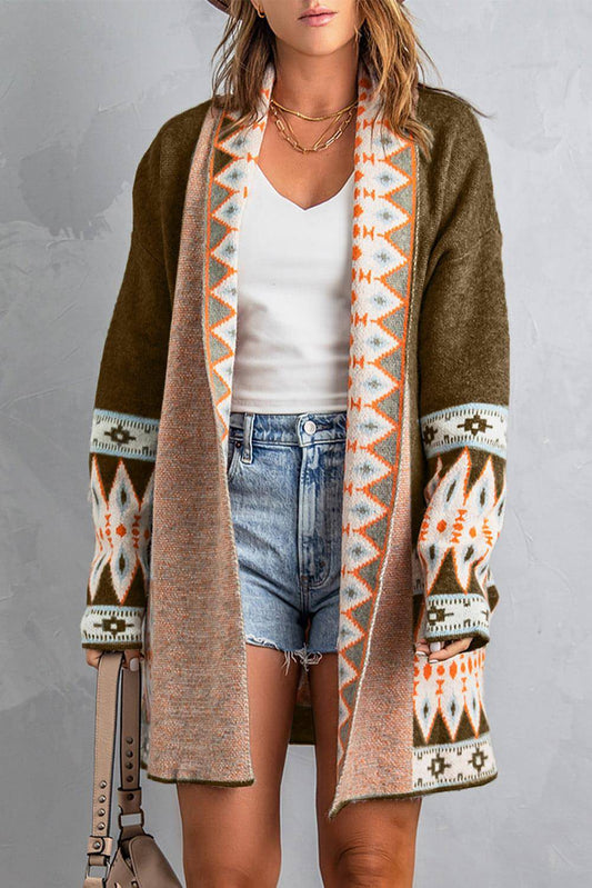 Brun Aztec Print Strikket cardigan med åpen front foran