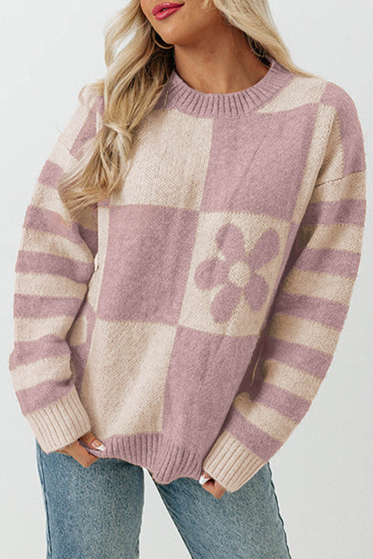 Orchid Petal Checkered Floral Print Rands Sleeve Sweater