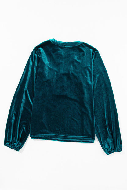 Skobeloff Lantern Sleeve Pärled Split V Neck Velvet Top