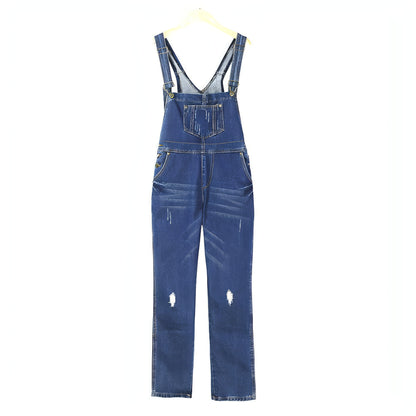 Shredded denim jumpsuit overalls