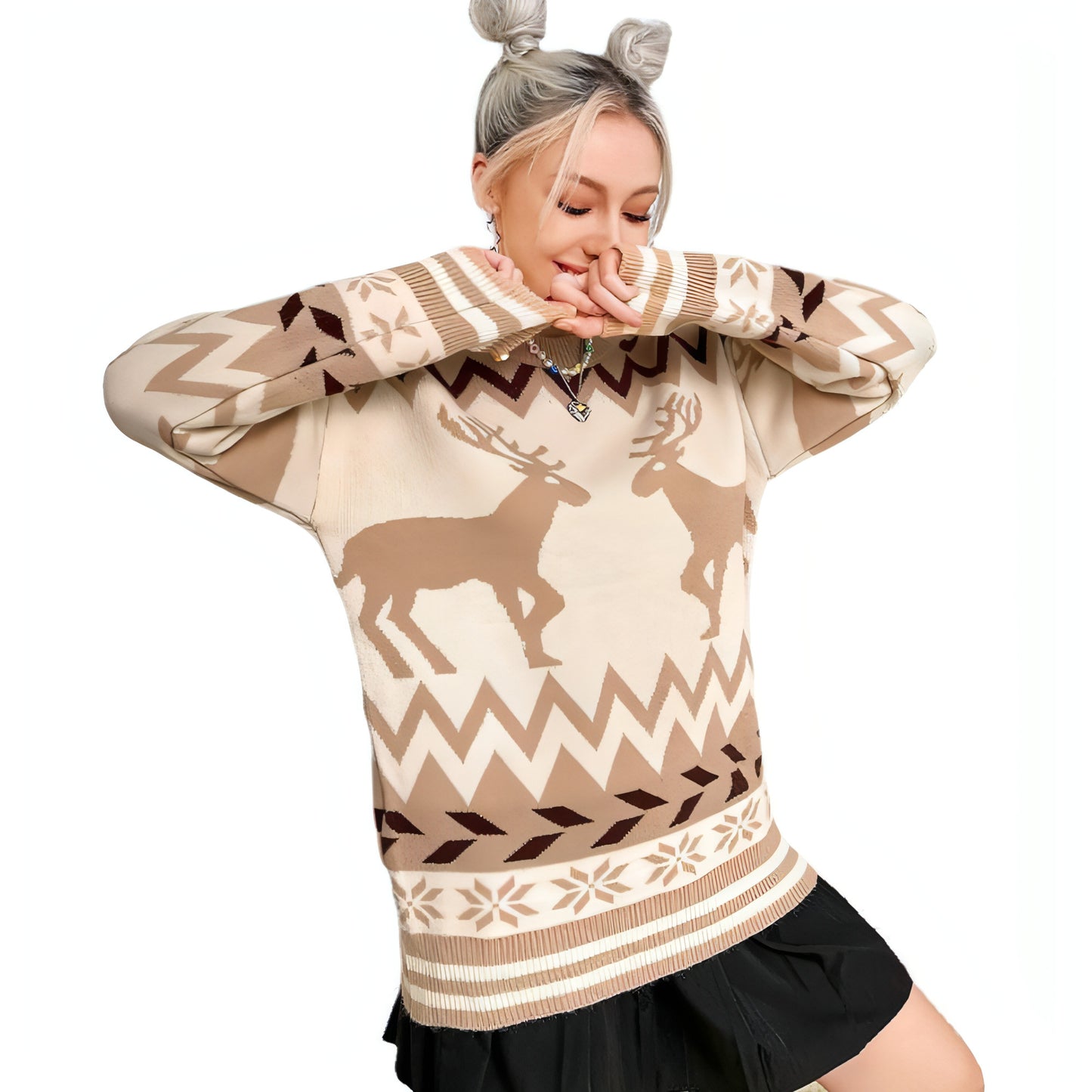 Round Neck Pullover Elk Style Women's Knitted Sweater Women