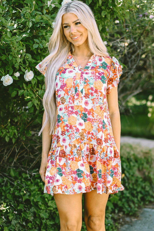 Lilla Floral Print Split Neck Flutter Sleeve Dress