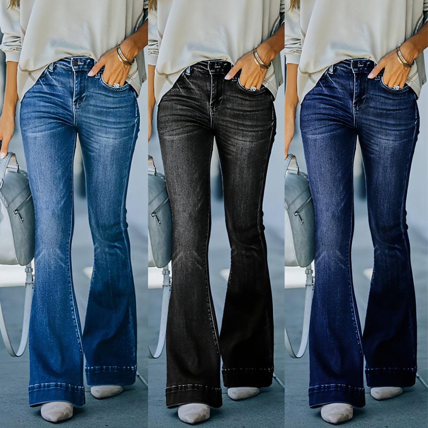 Women's Spring And Summer High Waist Temperament Slim Washed Bell-bottom Pants (Jeans)