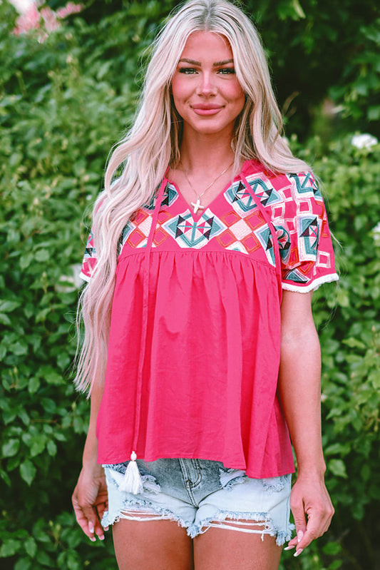 Strawberry Pink Geometric Brodered Tassel Tie V Neck Blus