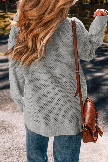 Light Grey Loose Eyelet V Neck Drop Shoulder Sweater