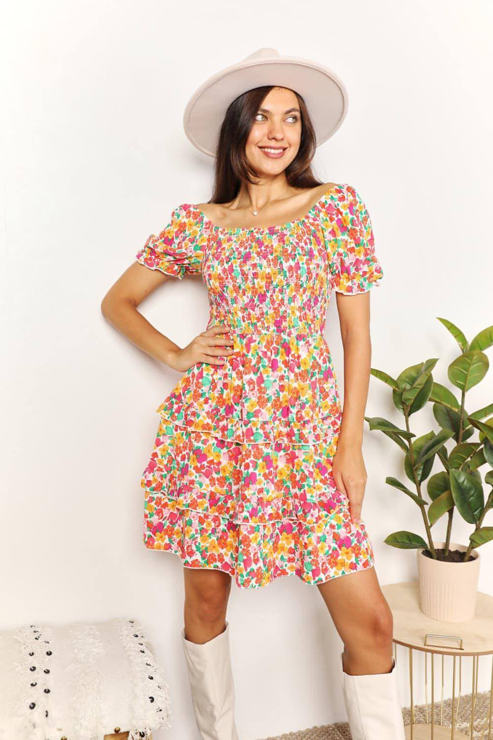 Devine Smocked Sweetheart Neck Founce Sleeve Mini Dress