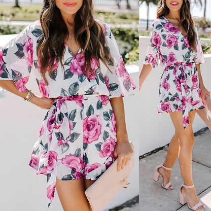 Printed Flared Short-Sleeved Lace-Up Jumpsuit Skirt