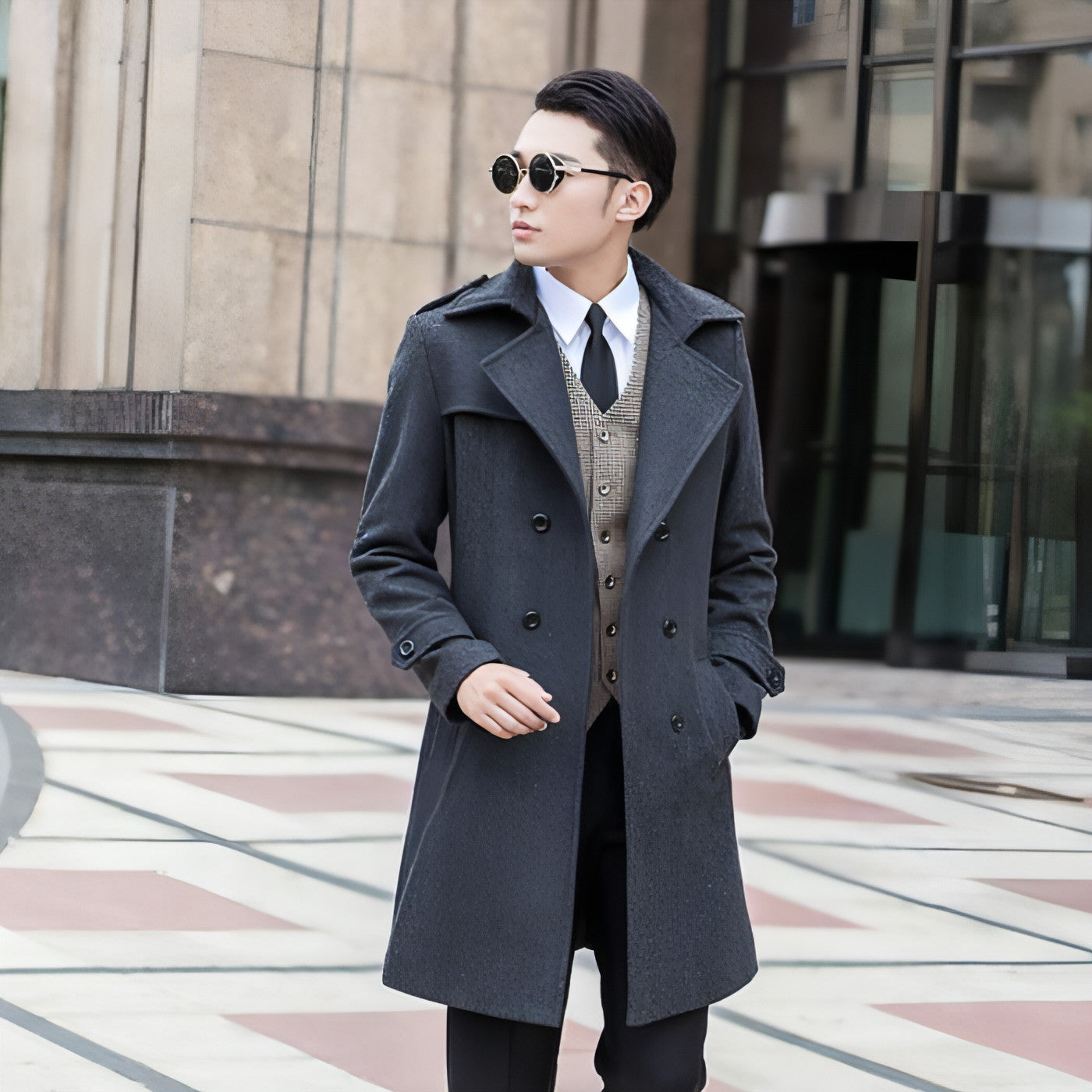 Woolen Striped Double Breasted Trench Coat Men