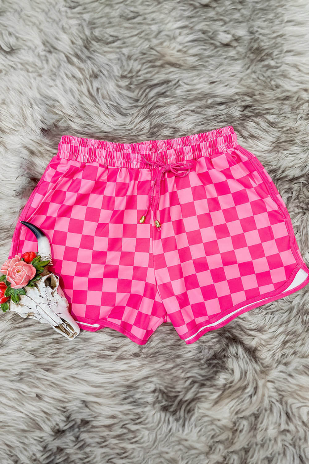 Lässige Shorts mit rosa kariertem Kordelzug und elastischem Bund