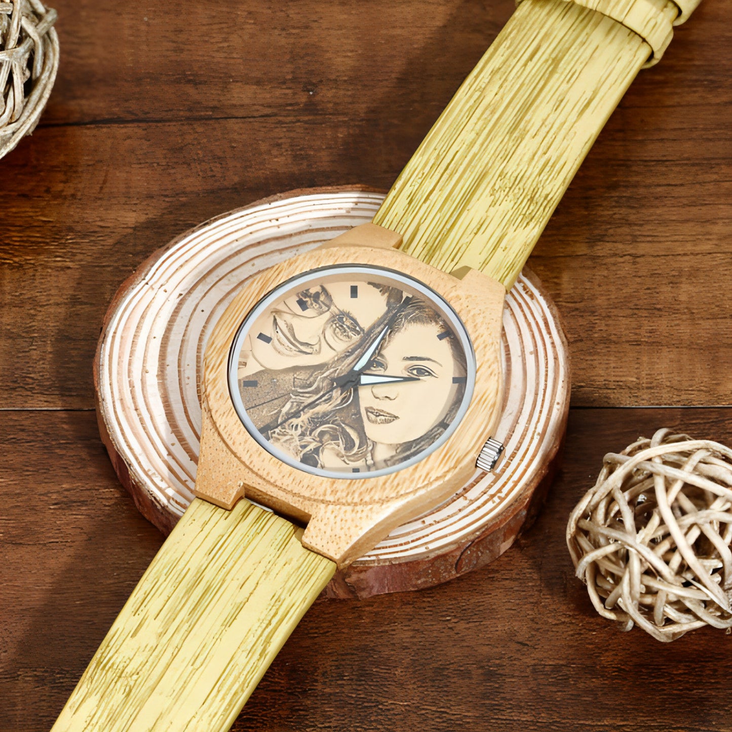 Engraved Bamboo Photo Watch Wooden Leather Strap 40mm