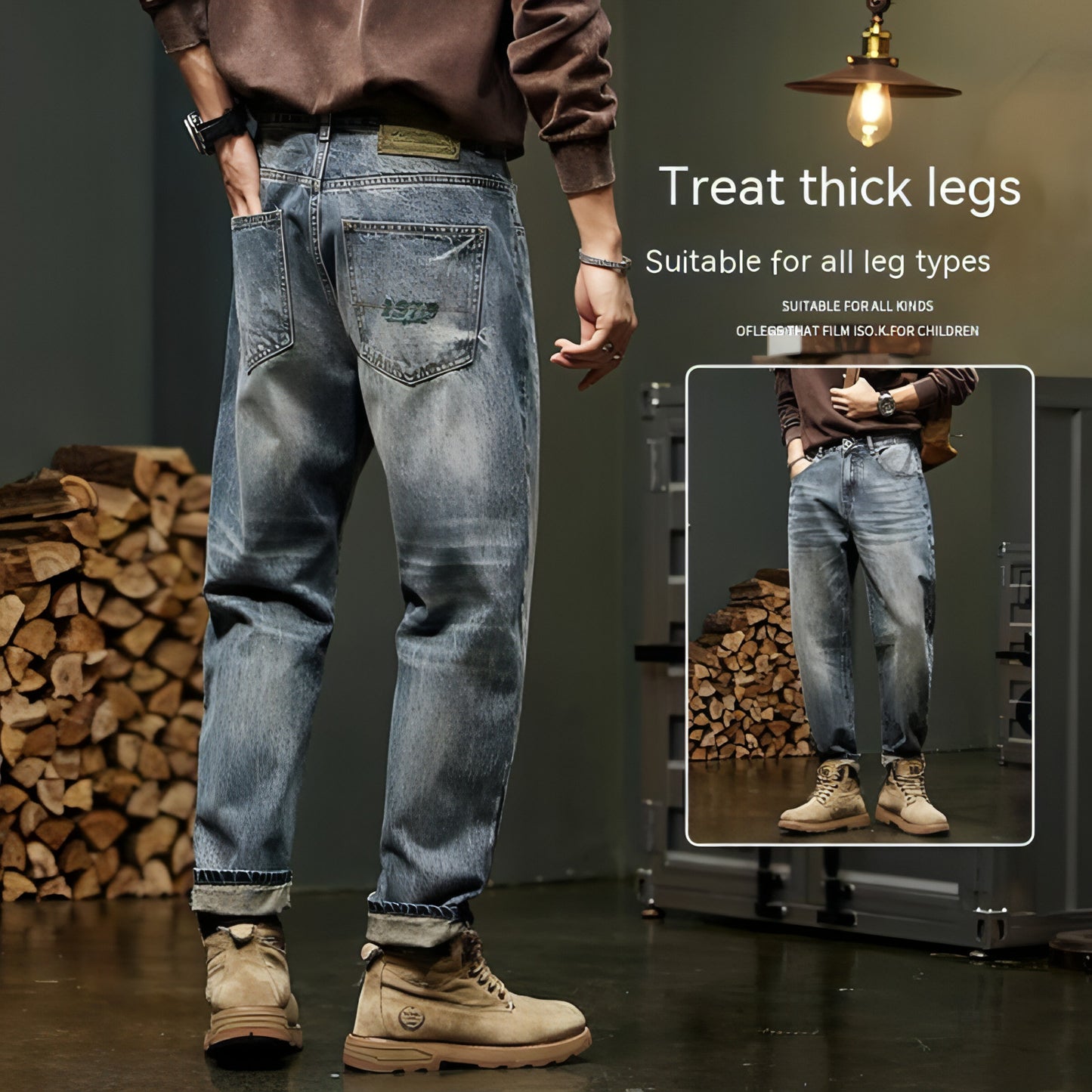 Calças de carga reta e solta masculinas (jeans)