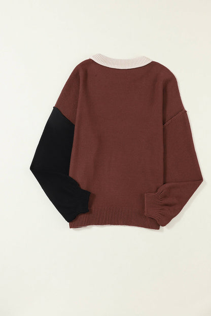 Kahve Colorblock Bishop Sleeve Furbed Trim Sweater