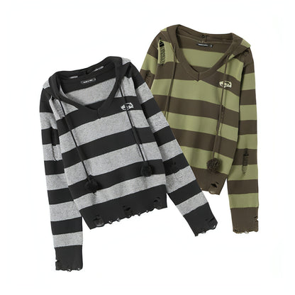 Autumn Hooded Sweater Women Contrast Stripe Thin