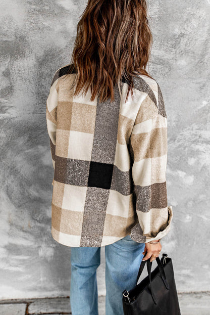 Khaki Plaid Color Block Buttoned Long Sleeve Jacke mit Tasche