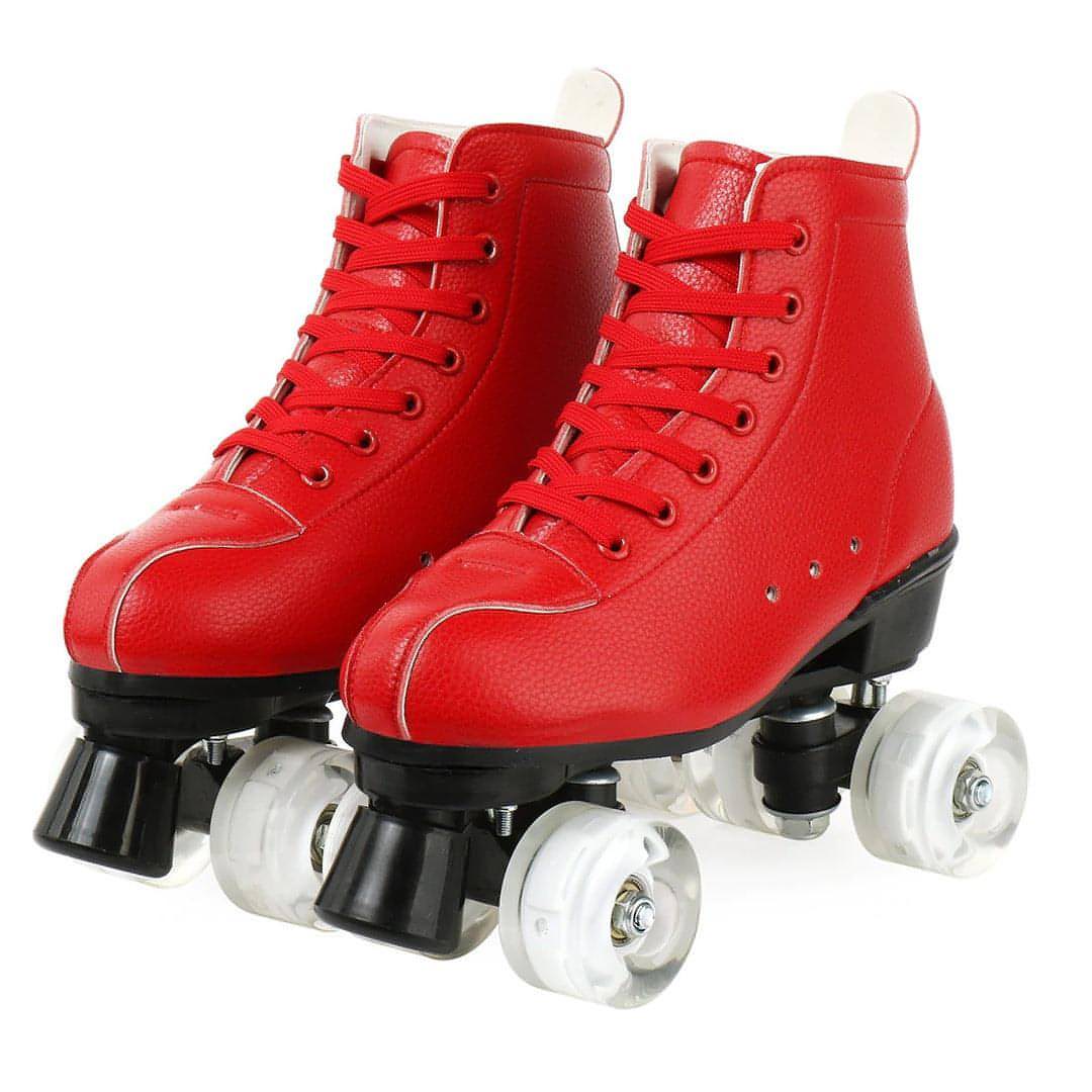 Big Red Cowhide Double Row Skates With Flashing Wheels And Wear Resistant