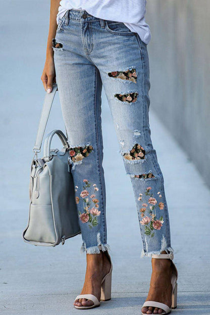 Sky blauw bedrukte patch gescheurde skinny jeans