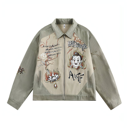 Cultural Graffiti Oil Painting Patterned Denim Jacket Men