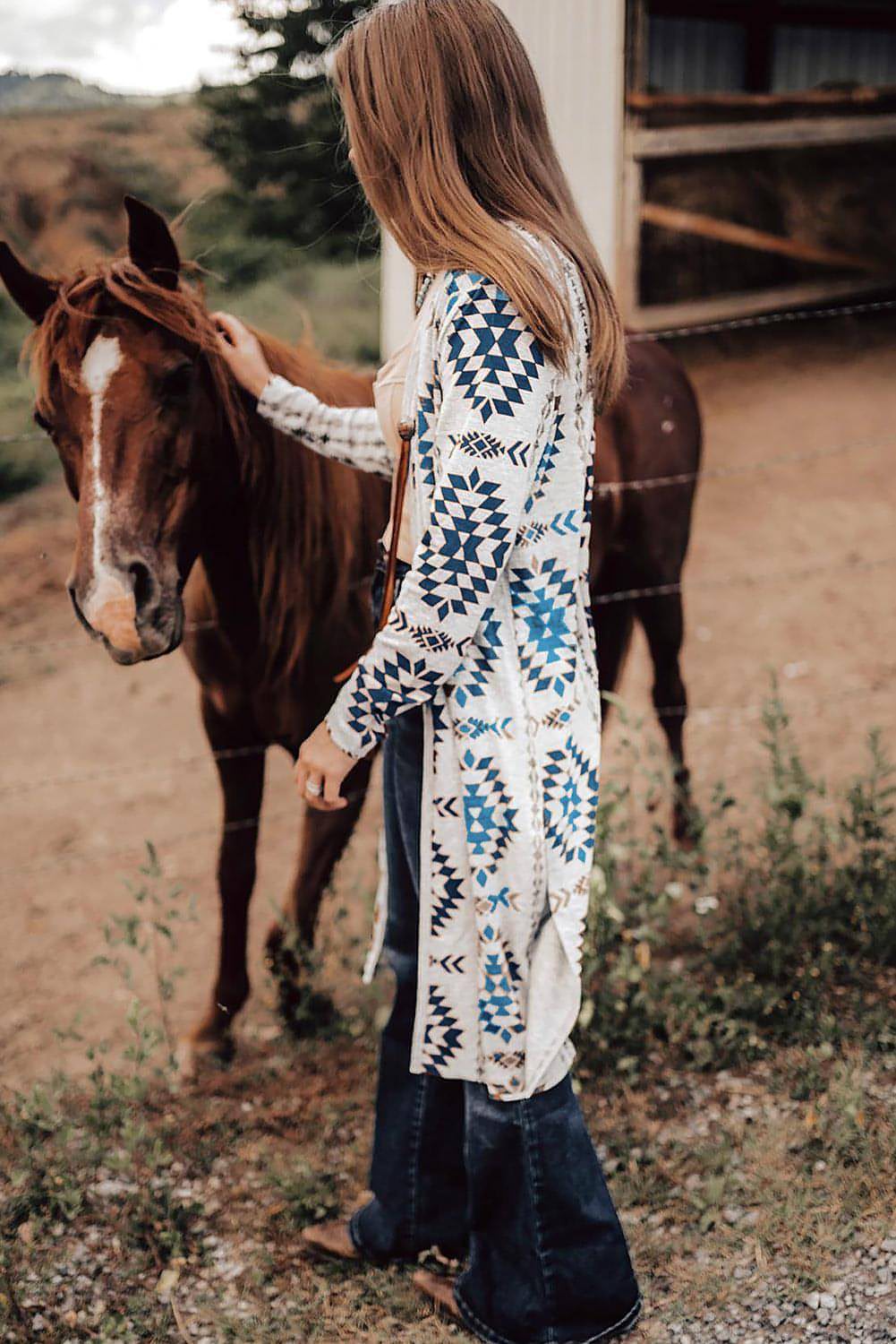 Sky Blue Western Azteken gedruckt gedruckt vorne mit langer Strickjacke gedruckt