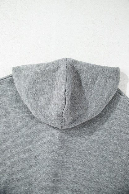 Medium Grey Drawstring Hooded Button Up Drop Shoulder Sweater Cardigan