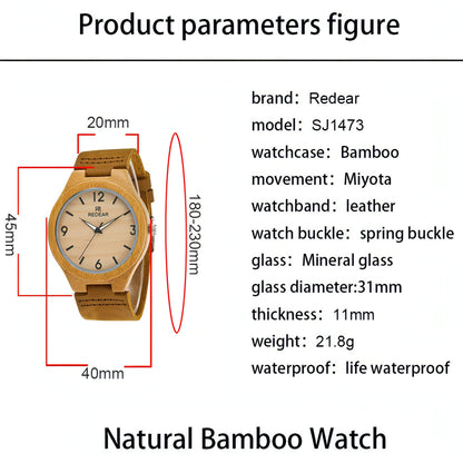 Engraved Bamboo Photo Watch Wooden Leather Strap 40mm