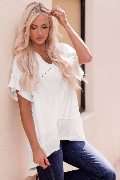 White Contrast Knit Splicing V Neck Studded Blouse