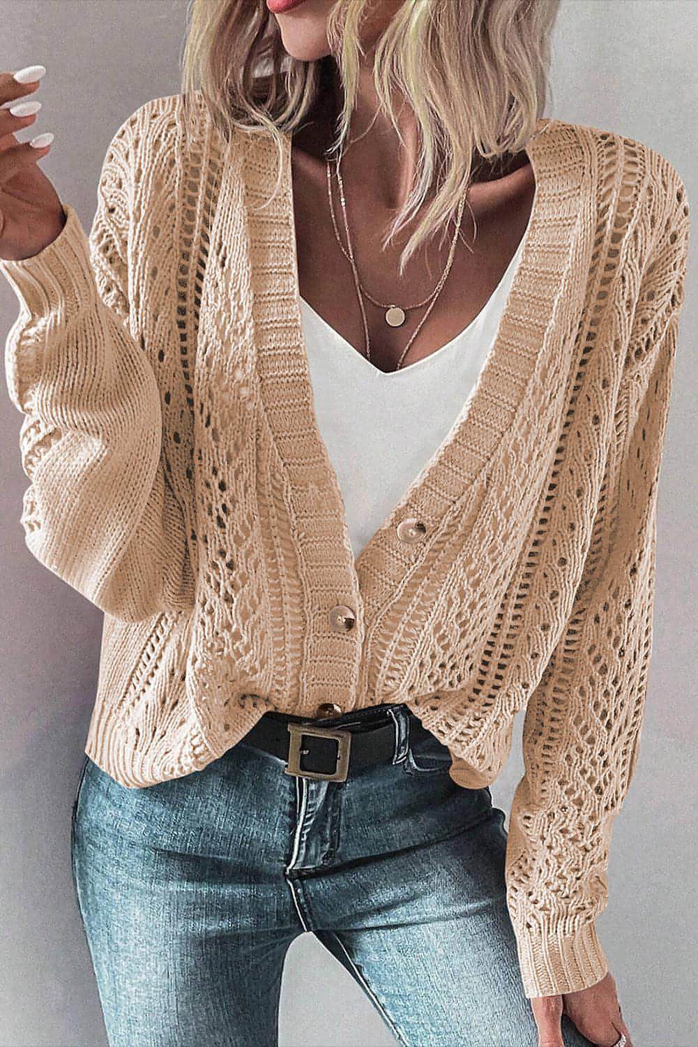 Beige Open Knit Drop Shoulder Genser Cardigan