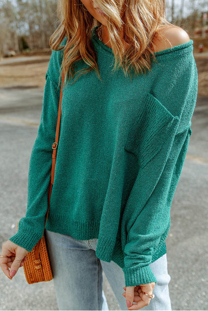 Groene effen kleur off-shoulder ribgebreide trui met zak