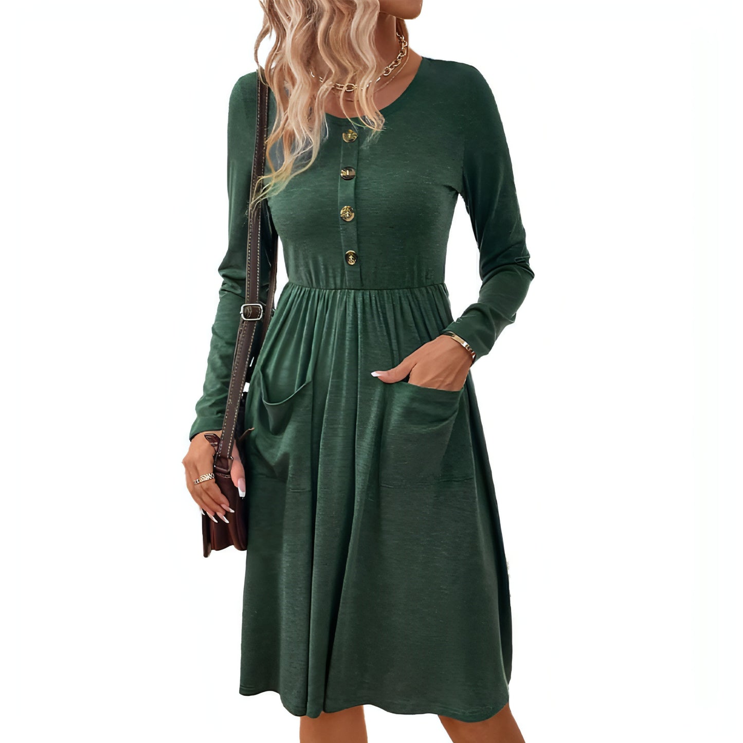 Waist-tight Round Neck Button Pocket Knitted Long-sleeved Dress