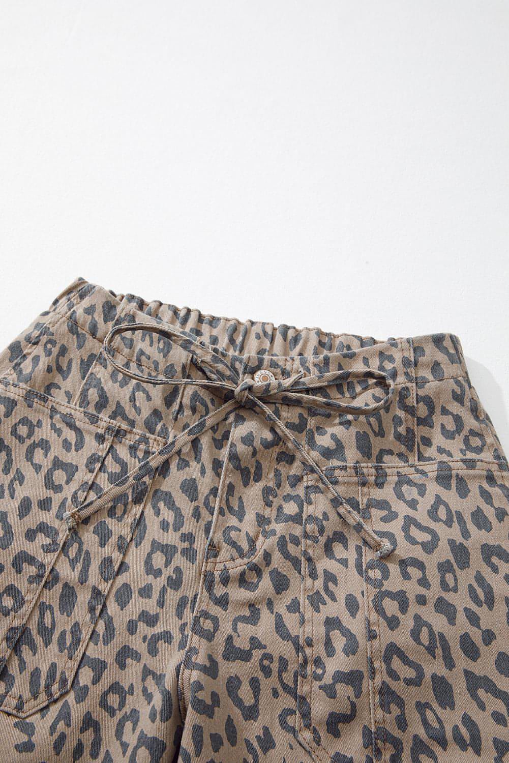 Khaki Leopard tryckt dragstring midja fick breda ben jeans