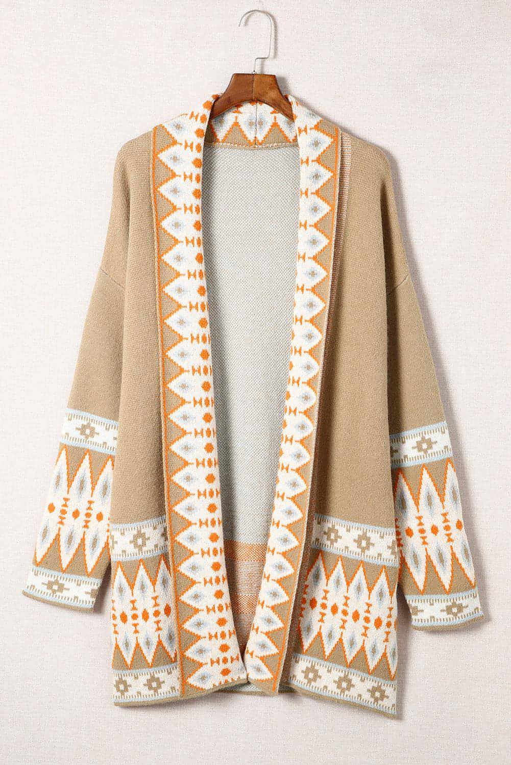 Khaki Aztec Print Open Front Knitted Cardigan