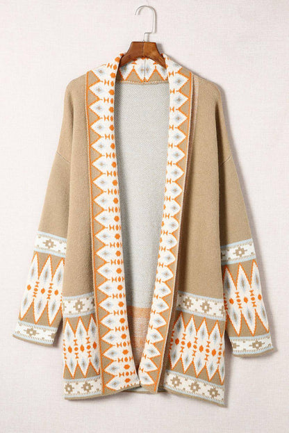 Khaki Aztec Print Strikket cardigan med åpen front foran