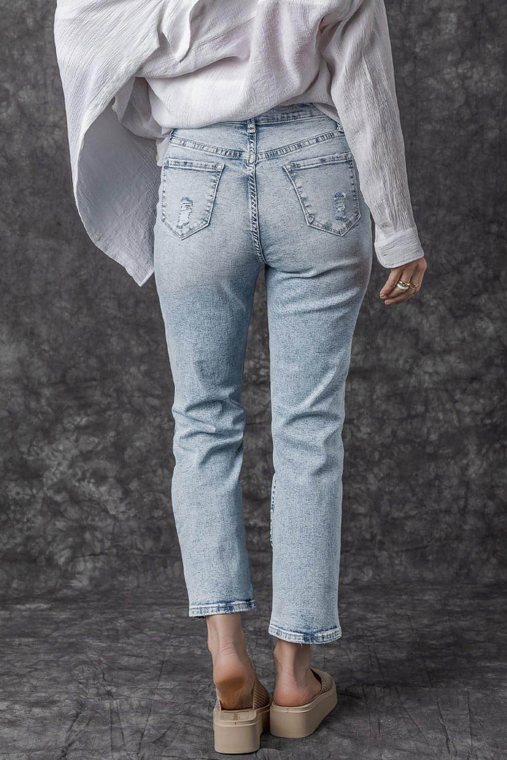 Lavagem de luz azul céu Slim de jeans de cintura alta esbelta