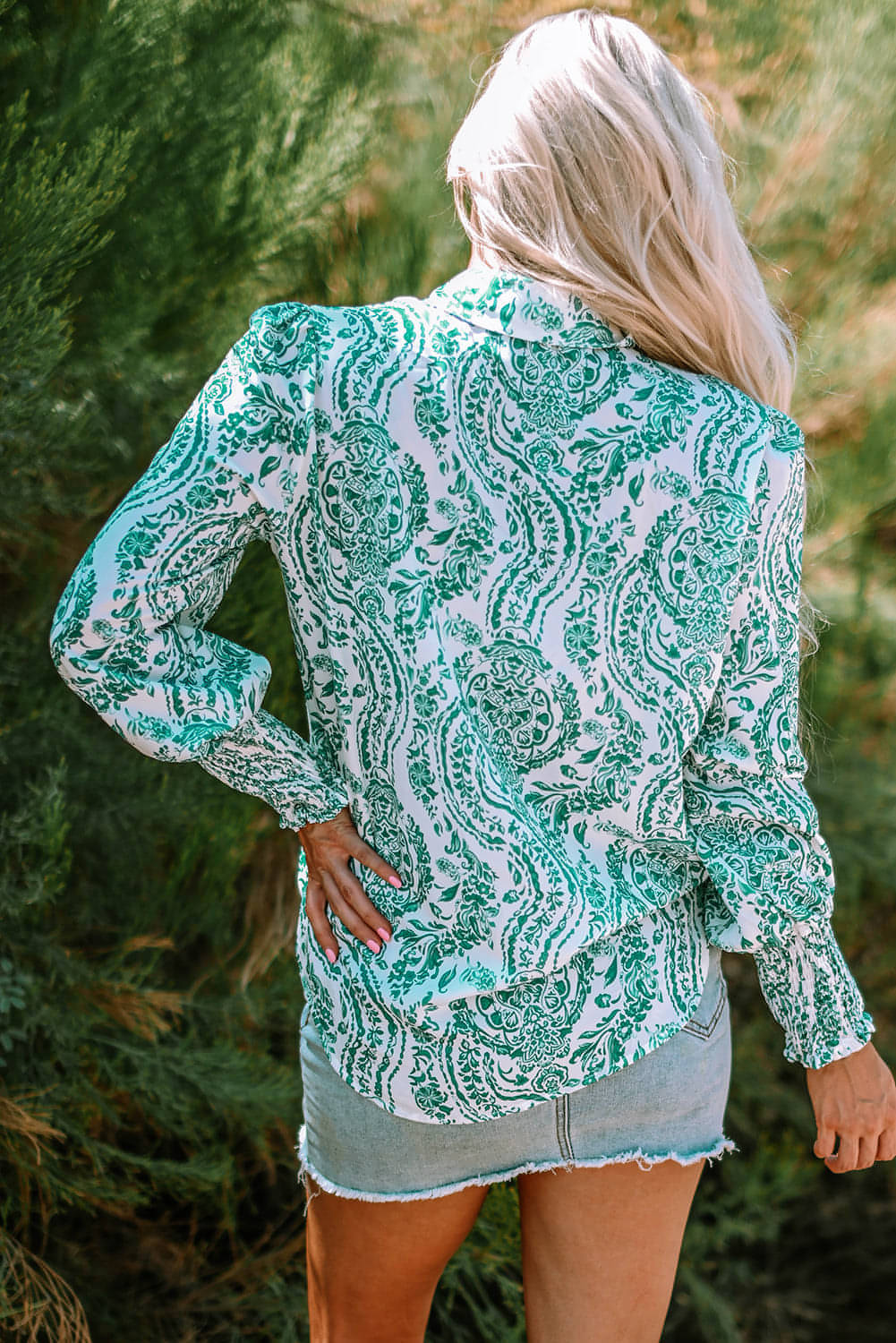 Groene paisley print gesmokte manchet geknoopt los shirt