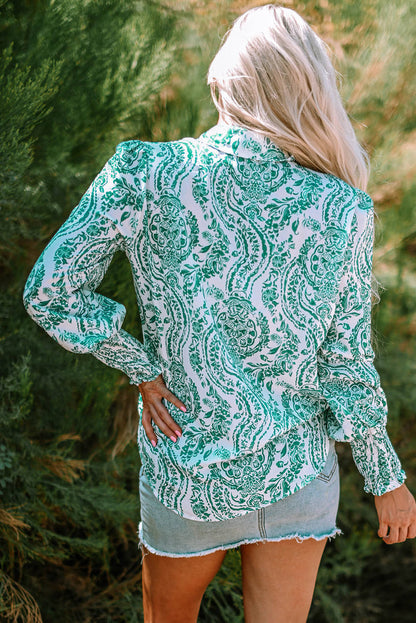 Groene paisley print gesmokte manchet geknoopt los shirt