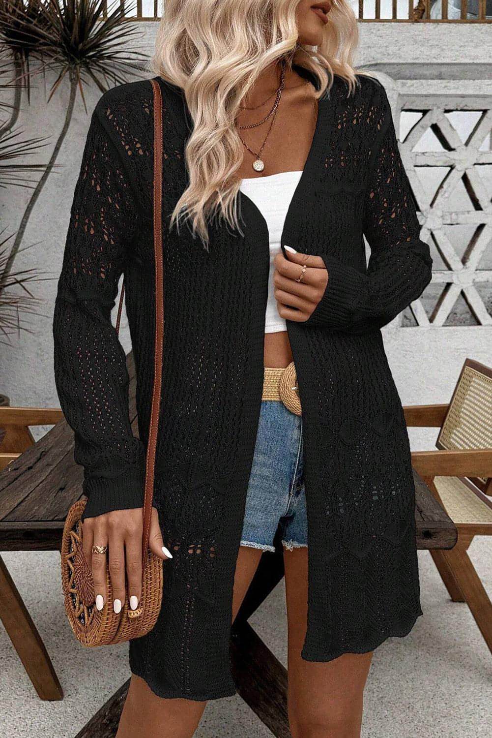 Black Crochet Hollow Out Open Front Cardigan