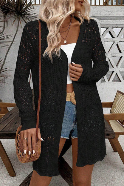 Cardigan noir ouvert sur le devant ajouré au crochet