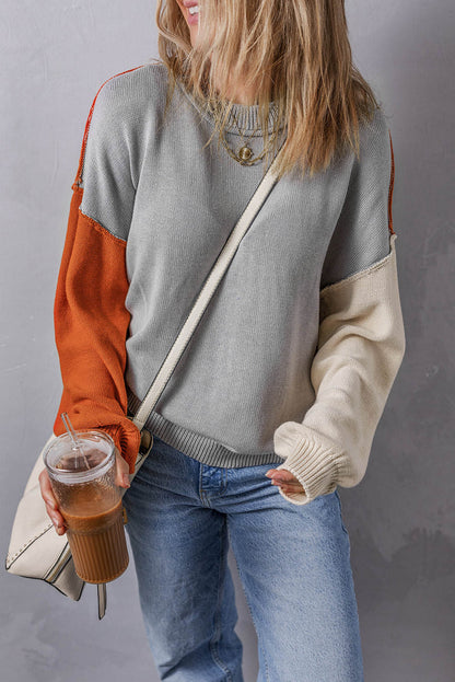 Gray Colorblock Bishop Sleeve Ribbed Trim Sweater