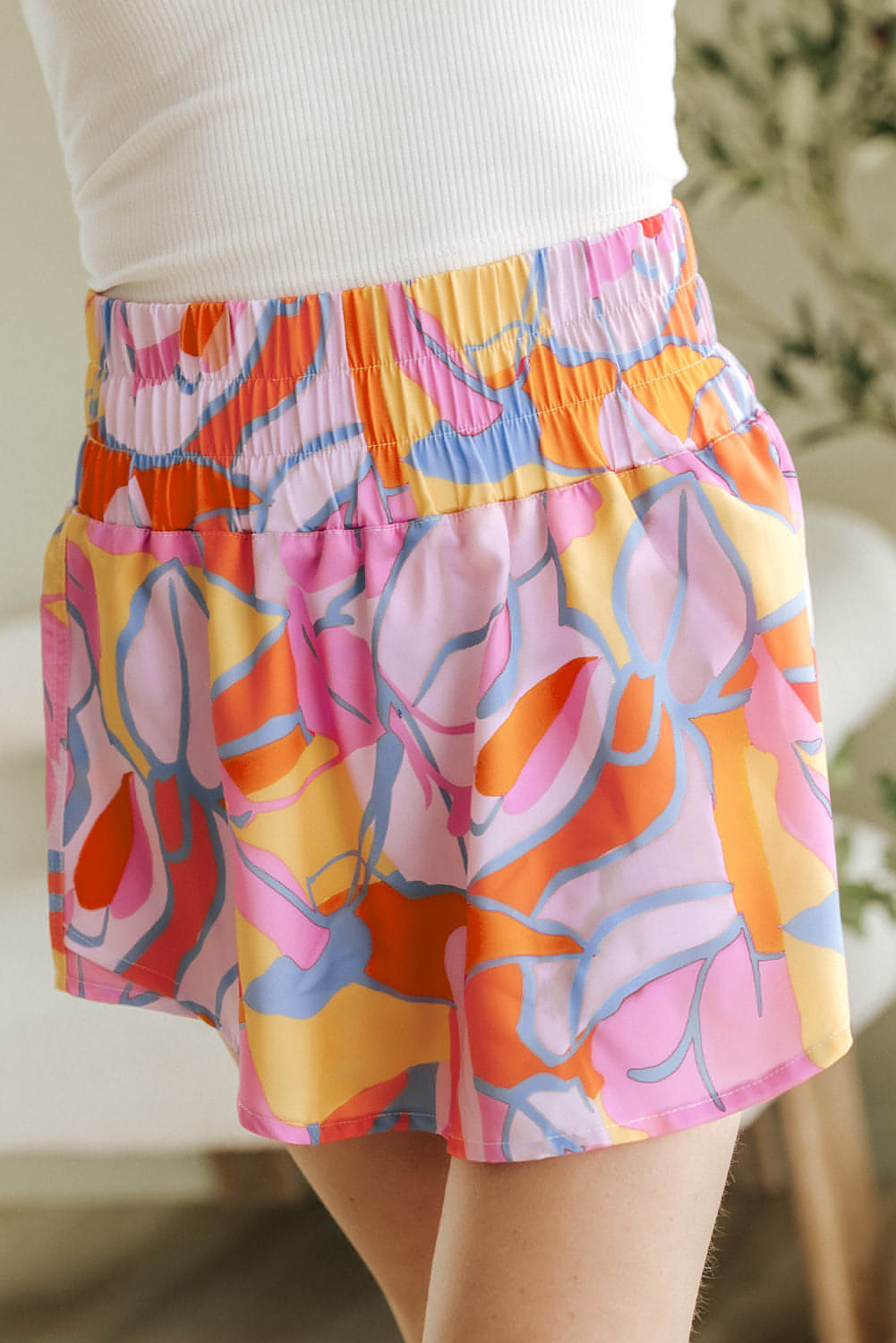 Purple Abstract Print Smock Waist Casual Shorts