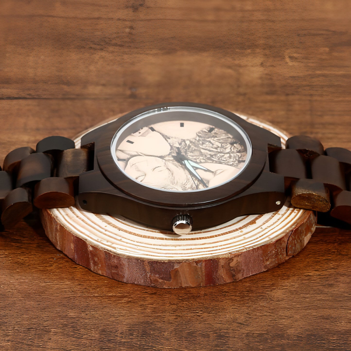 Men’s Engraved Wooden Photo Watch – 45mm with Wooden Strap